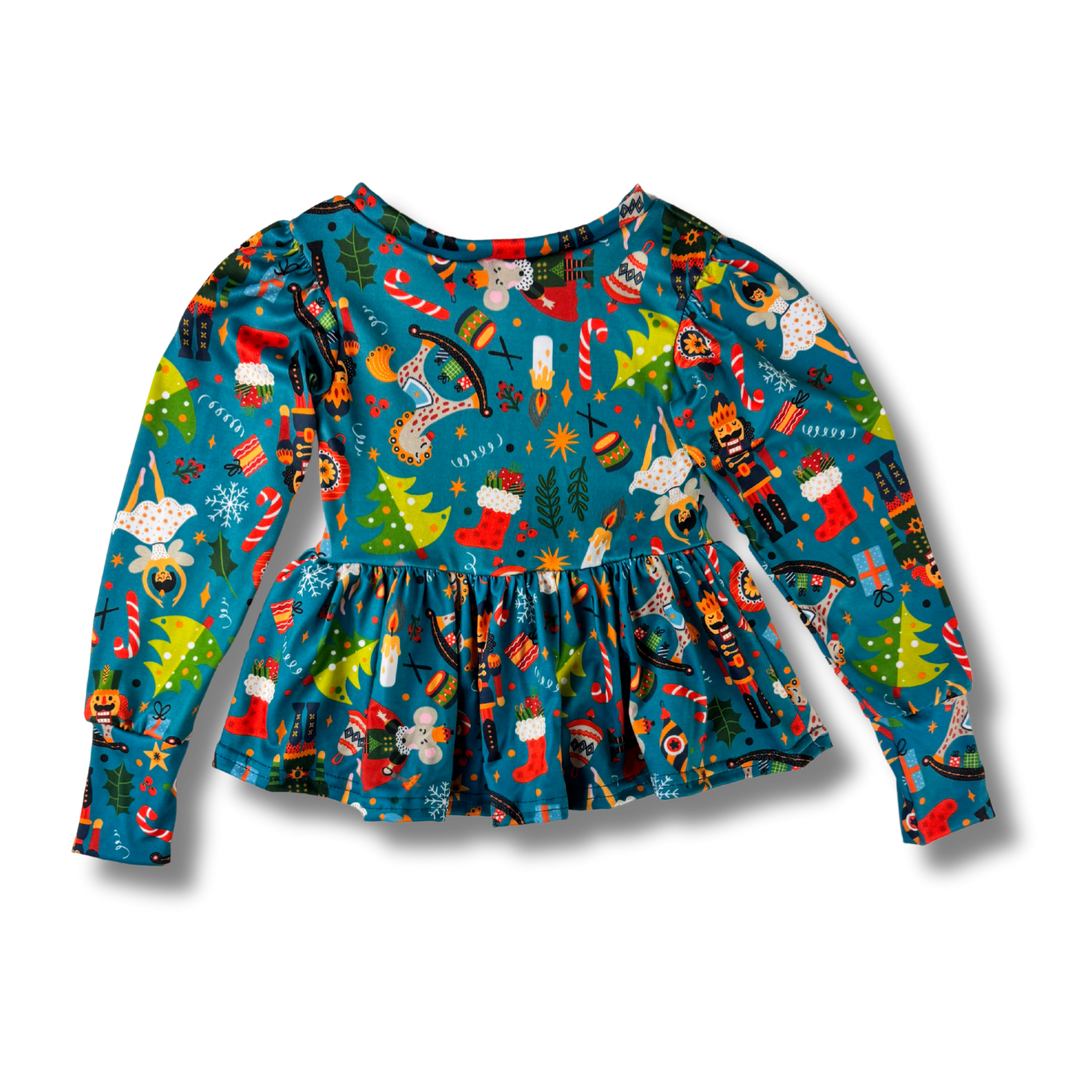 Long Sleeve Peplum Top - Snowflake Waltz