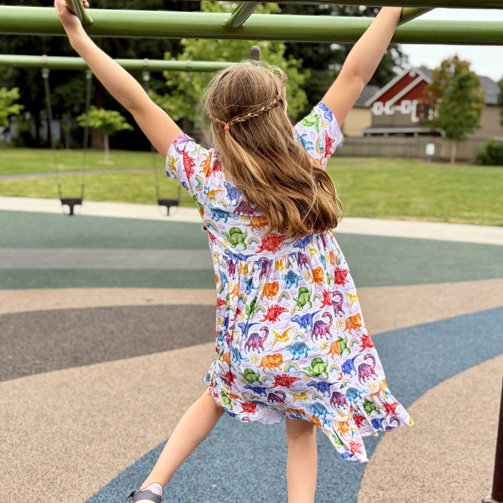 Bamboo Short Sleeve Twirl Dress in Jurassic Joy