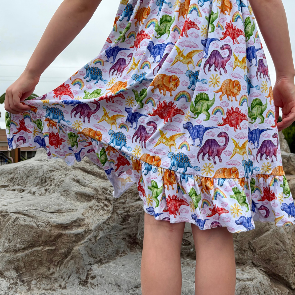 Bamboo Short Sleeve Twirl Dress in Jurassic Joy