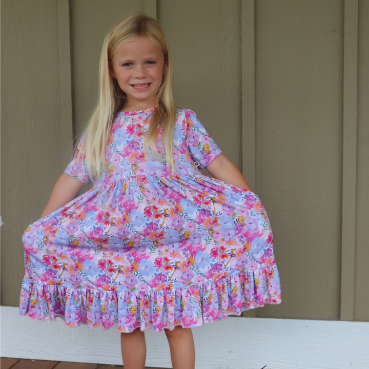 Bamboo Short Sleeve Twirl Dress in Gardens