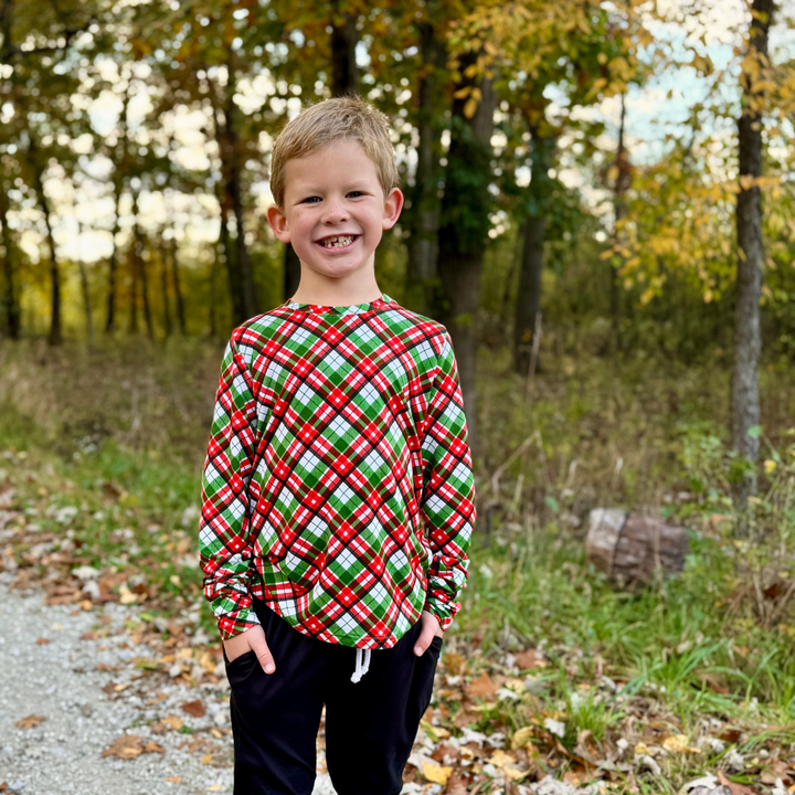 Bamboo Long Sleeve Crew Neck Tee in Peppermint Plaid