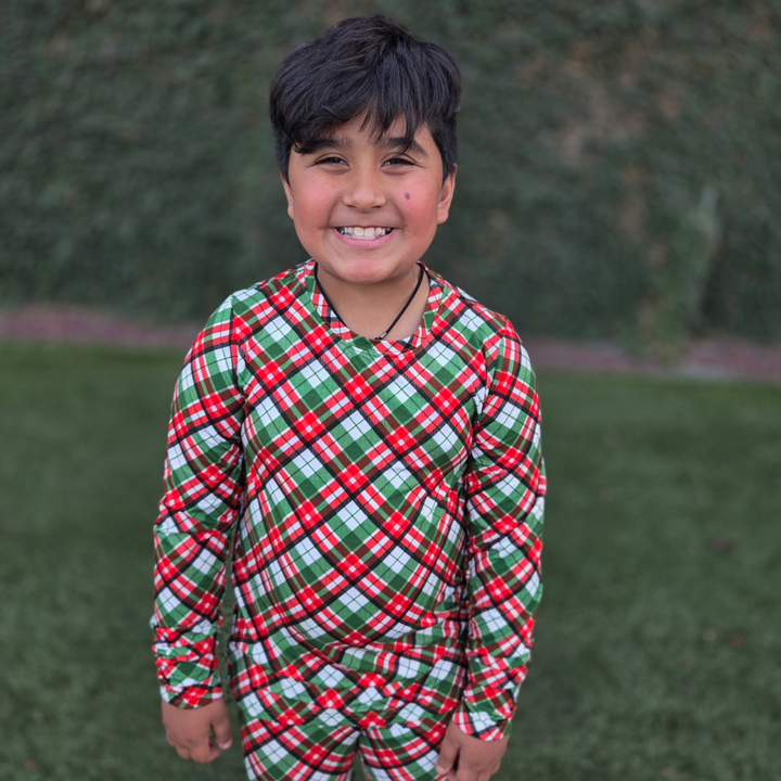 Bamboo Long Sleeve Crew Neck Tee in Peppermint Plaid