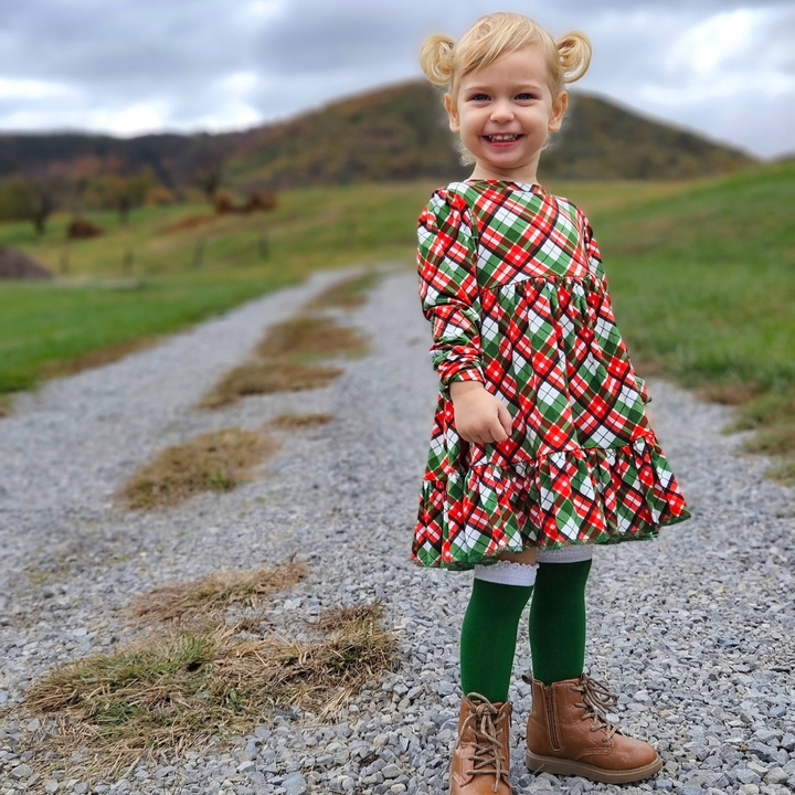 Bamboo Long Sleeve Twirl Dress in Peppermint Plaid