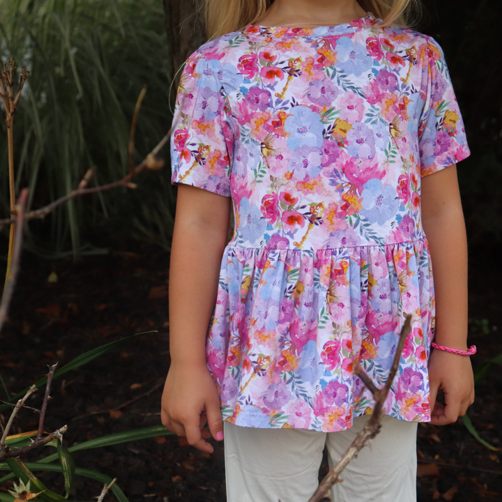 Bamboo Short Sleeve Peplum Top in Gardens