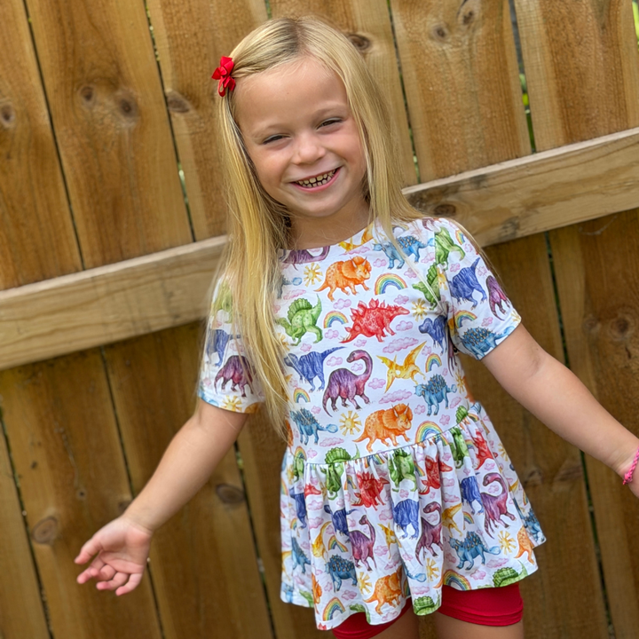 Bamboo Short Sleeve Peplum Top in Jurassic Joy
