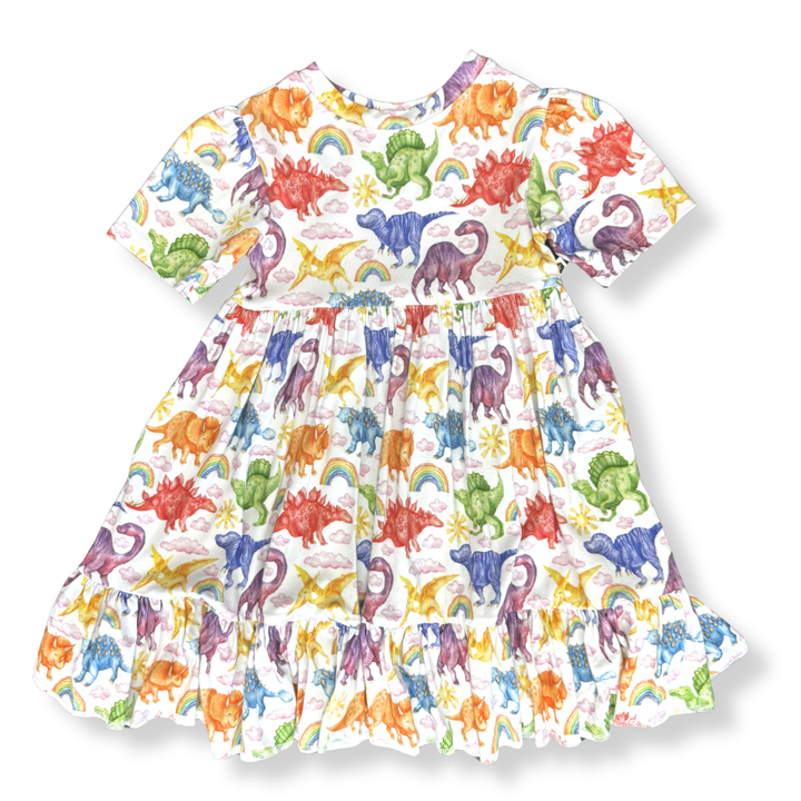 Bamboo Short Sleeve Twirl Dress in Jurassic Joy