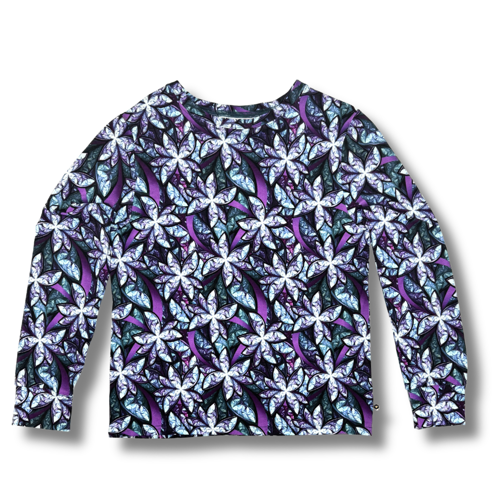 Long-sleeve shirt with a floral pattern on a white background