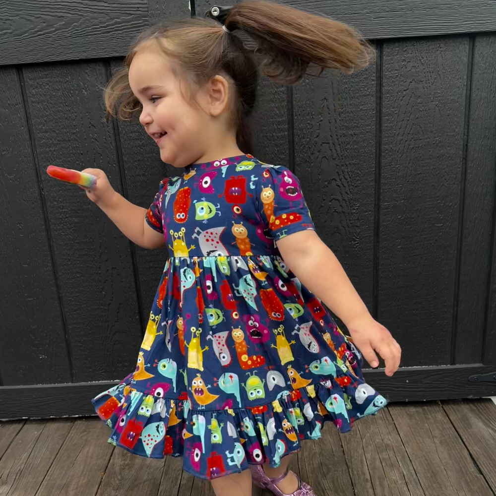 Bamboo Short Sleeve Twirl Dress in Monster Mash