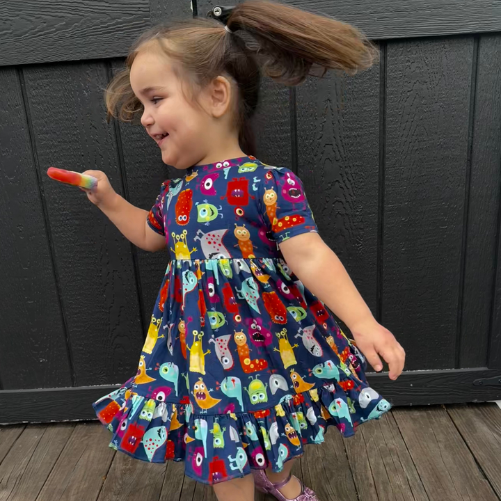Bamboo Short Sleeve Twirl Dress in Monster Mash
