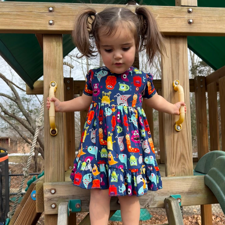 Bamboo Short Sleeve Twirl Dress in Monster Mash
