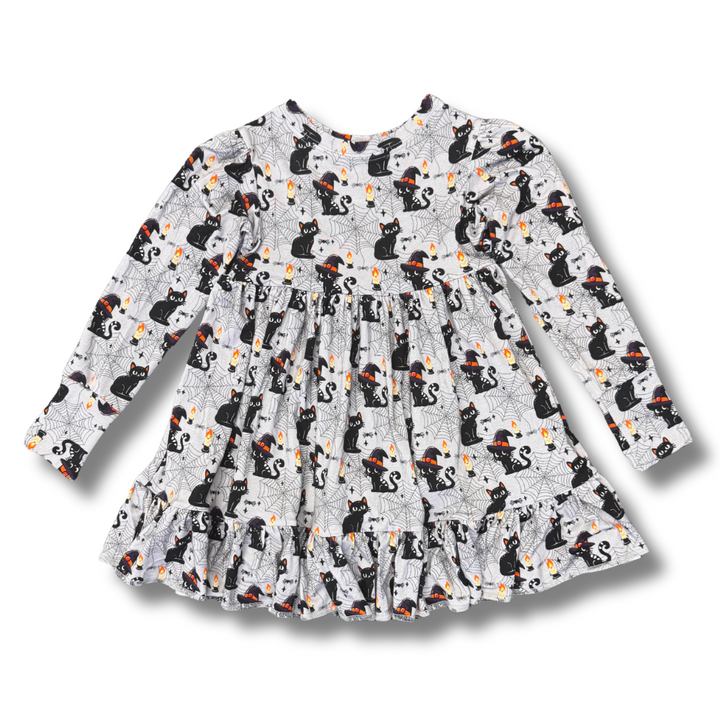 Bamboo Long Sleeve Twirl Dress in Purrfectly Spooky
