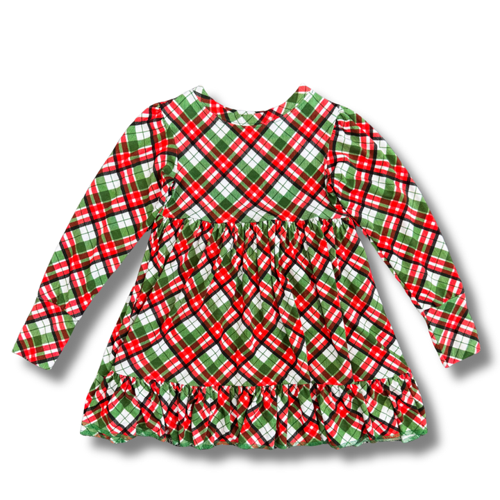 Bamboo Long Sleeve Twirl Dress in Peppermint Plaid