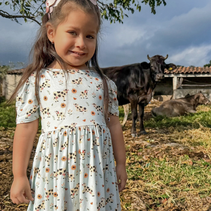 Bamboo Short Sleeve Twirl Dress in Moo & You