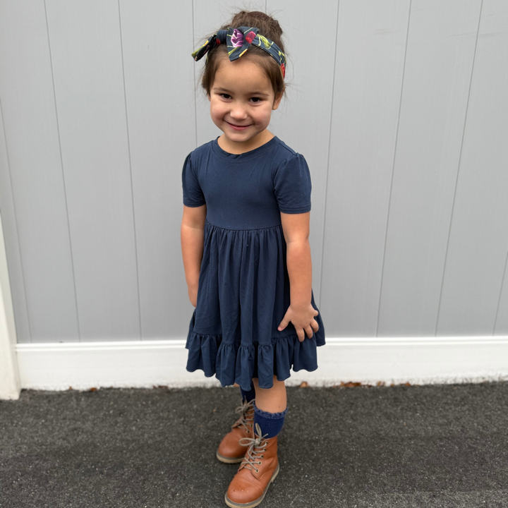 Bamboo Short Sleeve Twirl Dress in Navy