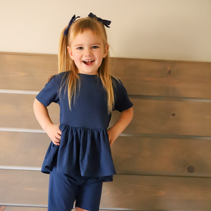 Bamboo Short Sleeve Peplum Top in Navy