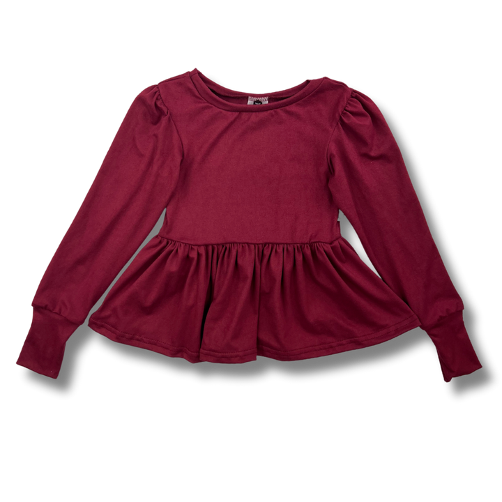 Long Sleeve Peplum Top - Burgundy