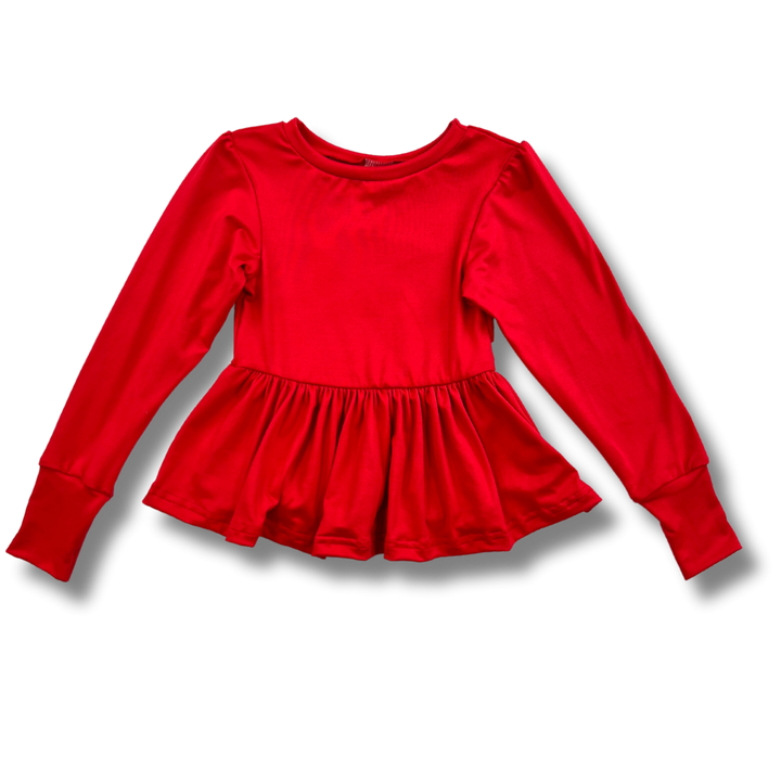 Long Sleeve Peplum Top - Cherry Red