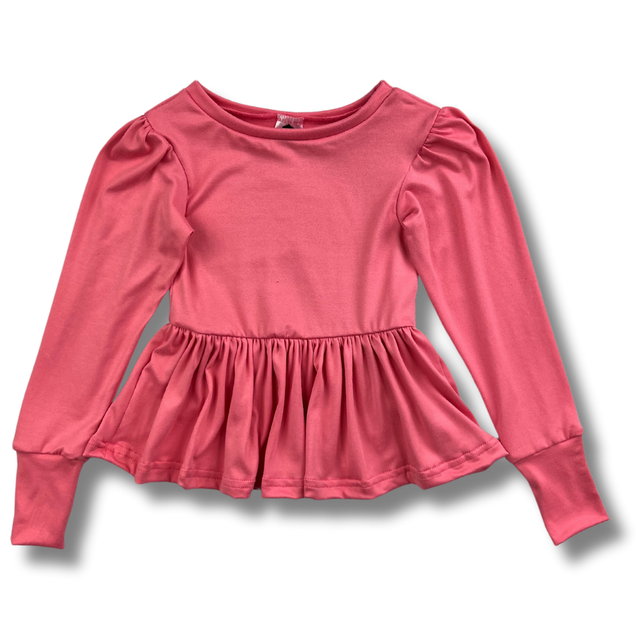 Long Sleeve Peplum Top - Jelly Bean Pink