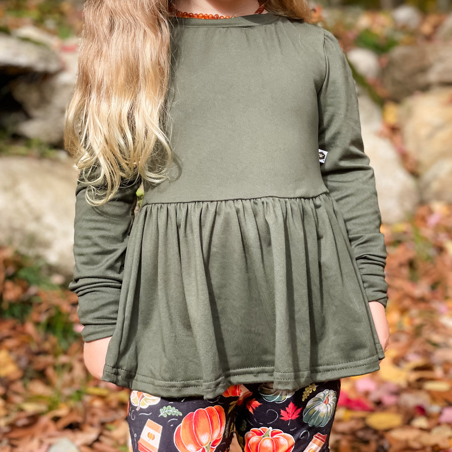 Long Sleeve Peplum Top - Olive