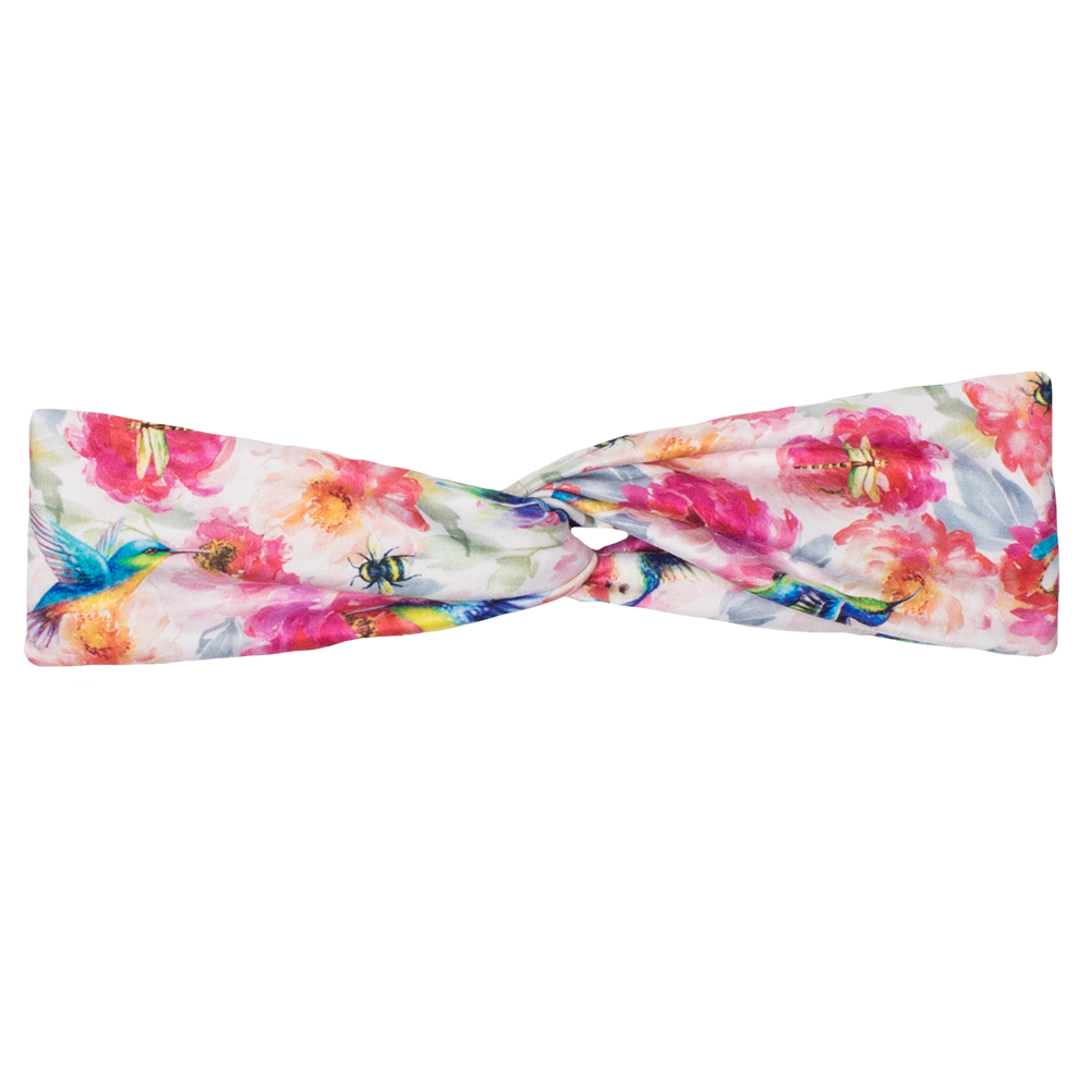 bumblito - adult headband - Shimmer hummingbird and pink floral tie top headband
