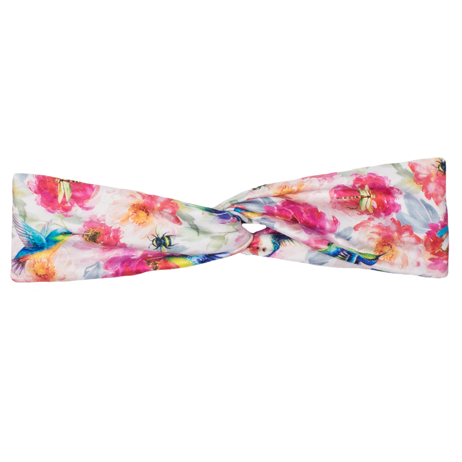bumblito - adult headband - Shimmer hummingbird and pink floral tie top headband