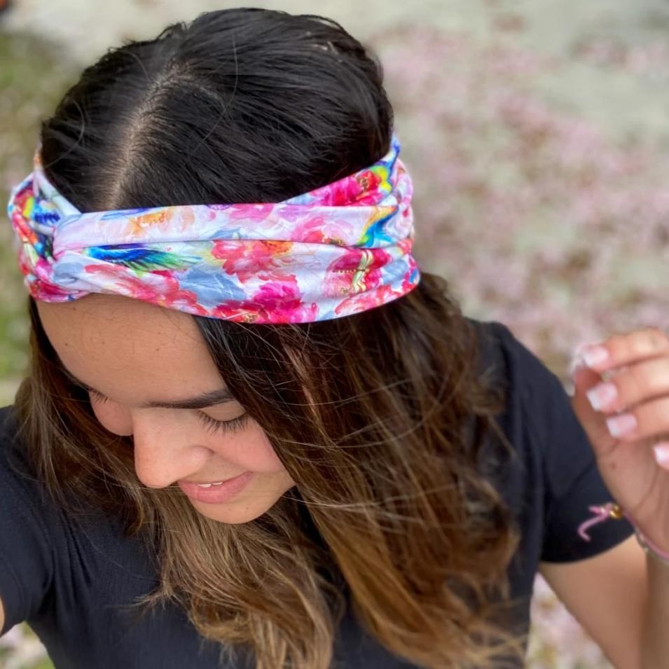 bumblito - adult headband - Shimmer hummingbird and pink floral tie top headband