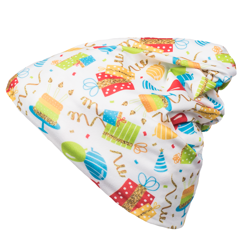 bumblito - beanie - Birthday Party balloons and streamers  print beanie - multi use Toddler size beanie - soft and stretchy beanie headband - open top beanie - cute print beanie