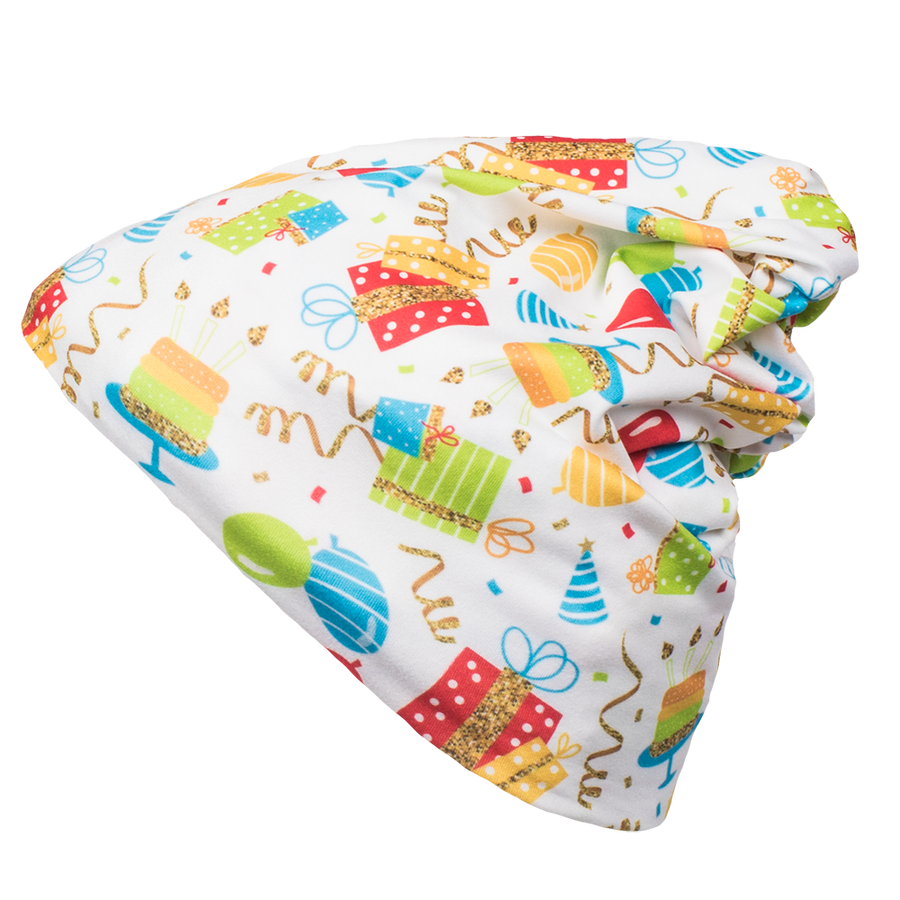 bumblito - beanie - Birthday Party balloons and streamers  print beanie - multi use Toddler size beanie - soft and stretchy beanie headband - open top beanie - cute print beanie