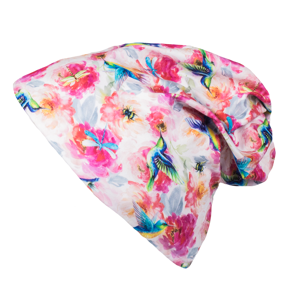 bumblito - Slouch Beanie - Shimmer hummingbird and pink floral slouch beanie