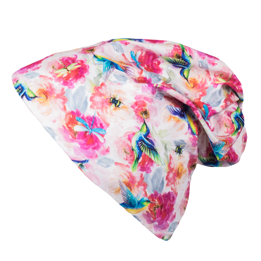 bumblito - Slouch Beanie - Shimmer hummingbird and pink floral slouch beanie