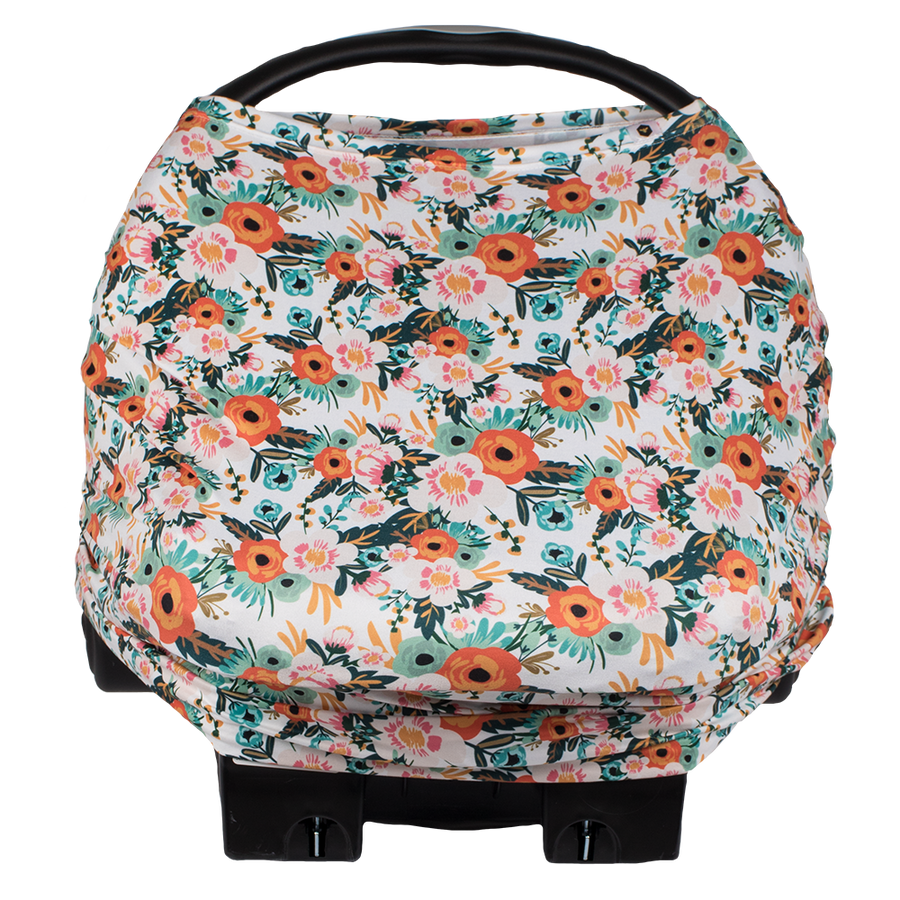 bumblito - bee covered car seat cover - Ginny print - Orange poppy floral print car seat cover - multi-use car seat cover - breastfeeding cover - stretchy car seat cover