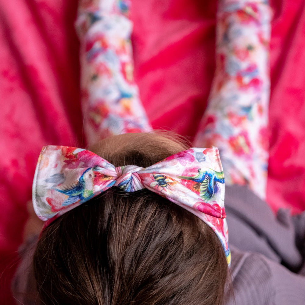 bumblito - Children's Stretchy headband - Shimmer hummingbird and pink floral children's headband