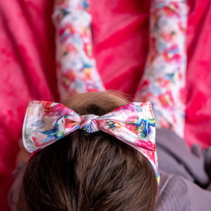 bumblito - Children's Stretchy headband - Shimmer hummingbird and pink floral children's headband