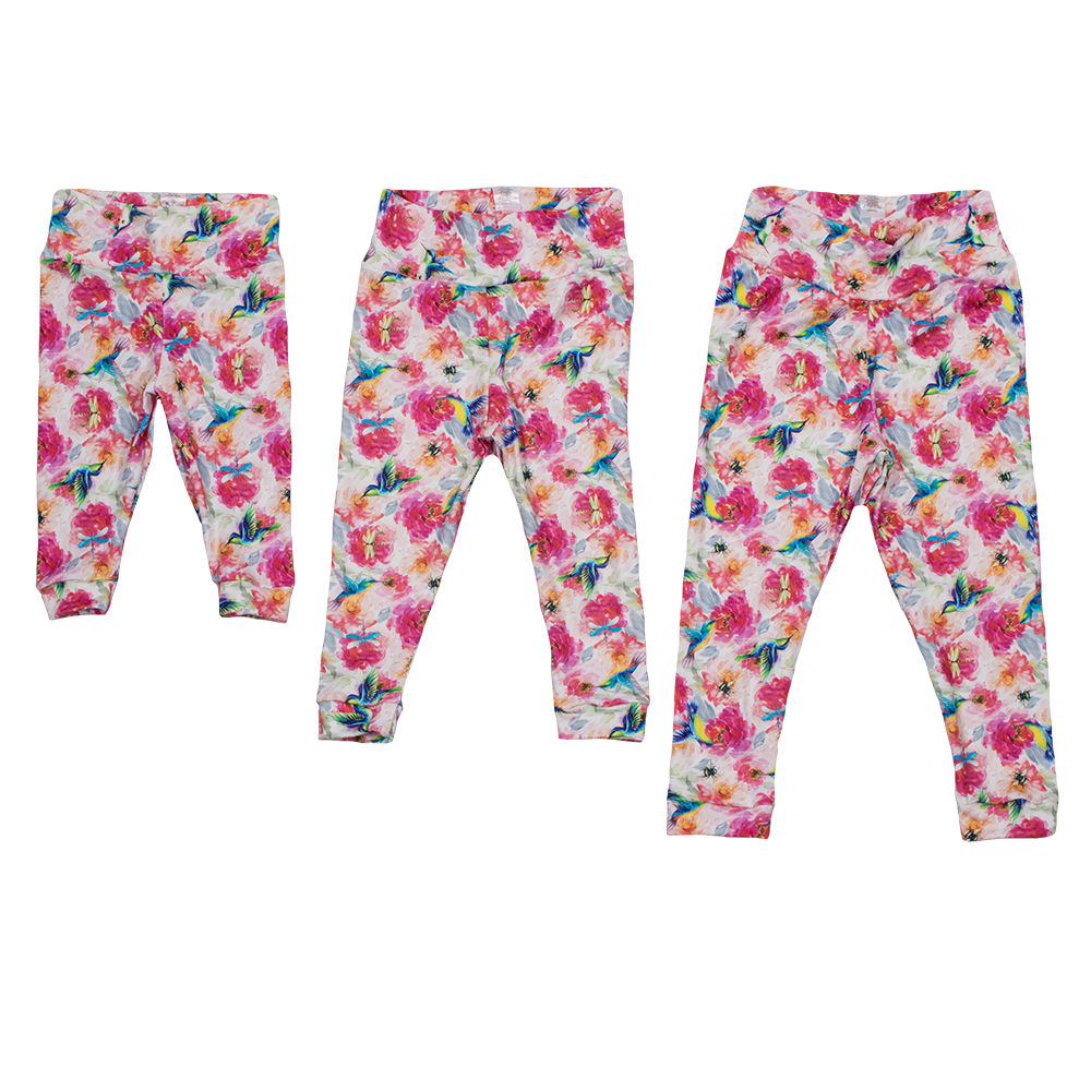 bumblito - children's leggings - Shimmer hummingbird and pink floral children's leggings