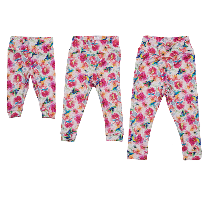 bumblito - children's leggings - Shimmer hummingbird and pink floral children's leggings