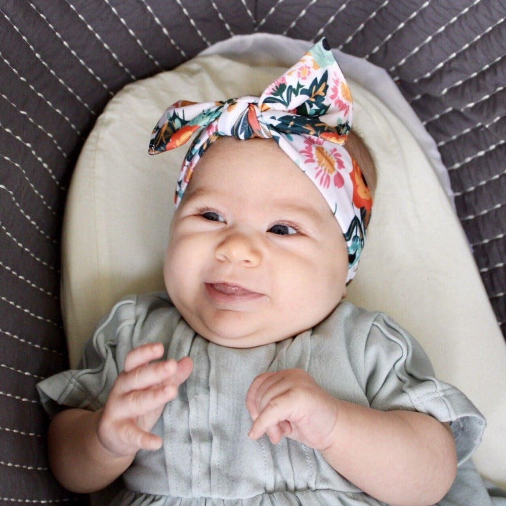 bumblito - children's headband - stretchy children's bow headband - Ginny floral print headband - Orange poppy floral headband print