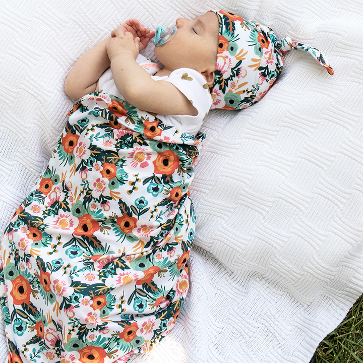 bumblito - stretch swaddle set - Ginny print - Orange poppy floral print newborn swaddle - stretchy newborn swaddle