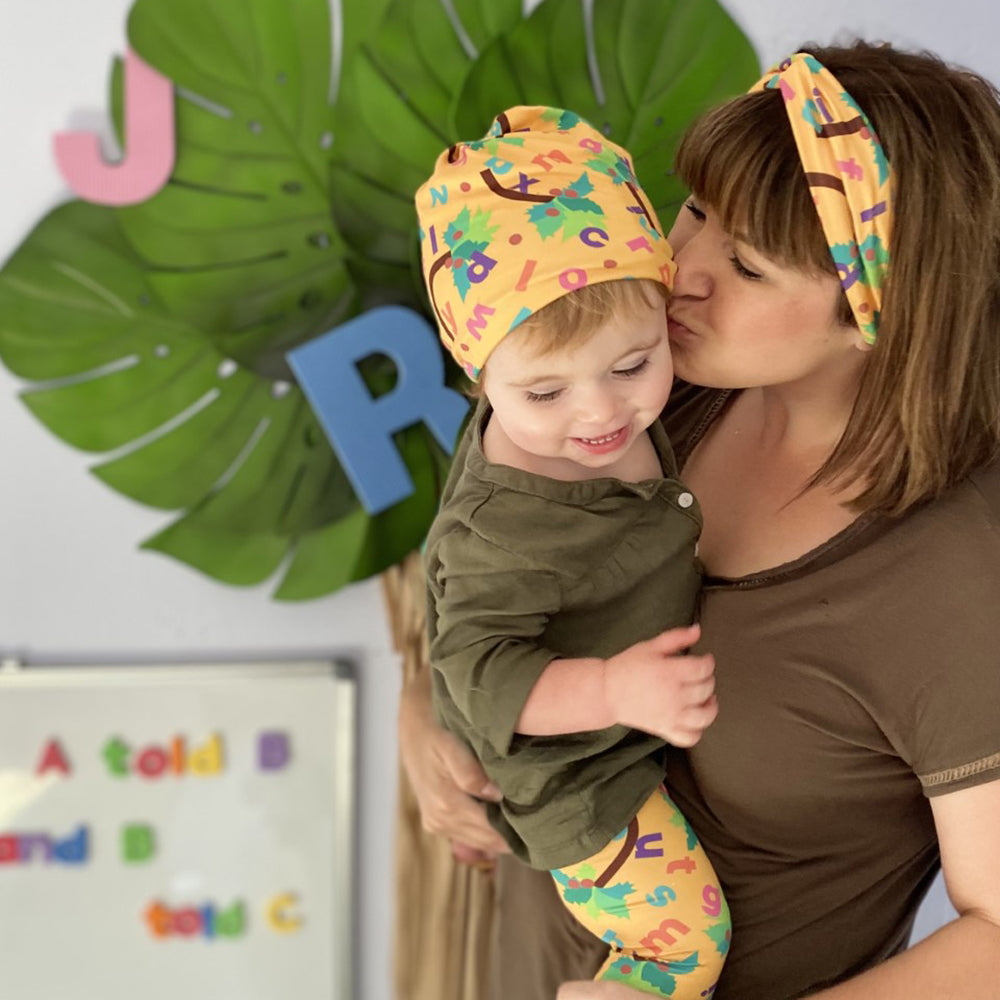 Bumblito - Slouch beanie - Chicka Chicka Boom Boom - yellow beanie with alphabet letters