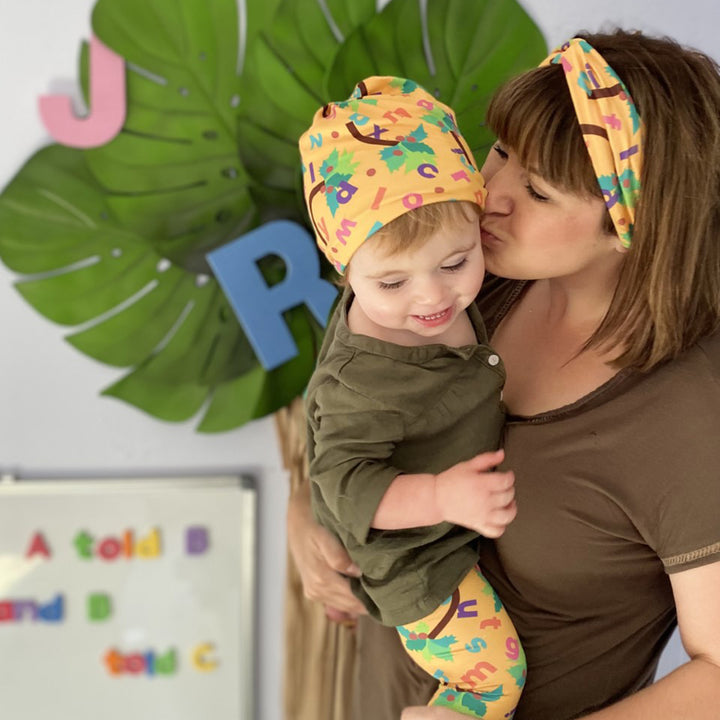 Bumblito - Slouch beanie - Chicka Chicka Boom Boom - yellow beanie with alphabet letters
