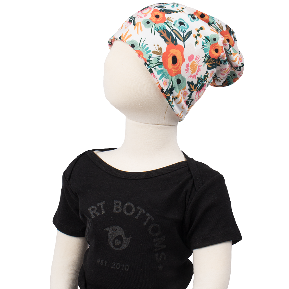 bumblito - beanie - Ginny poppy floral print beanie - multi use Toddler size beanie - soft and stretchy beanie headband - open top beanie - cute print beanie