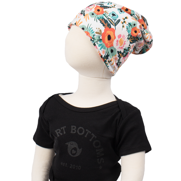 bumblito - beanie - Ginny poppy floral print beanie - multi use Toddler size beanie - soft and stretchy beanie headband - open top beanie - cute print beanie