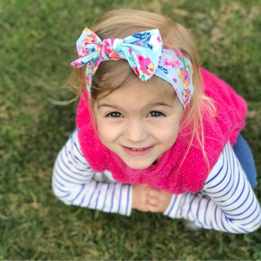 bumblito - children's headband - stretchy children's bow headband - Aqua Floral print headband - Cute floral headband print